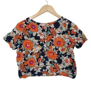 Ali & Kris Floral Crop Top Navy Orange Short Sleeve Large Boho Festival Tropical